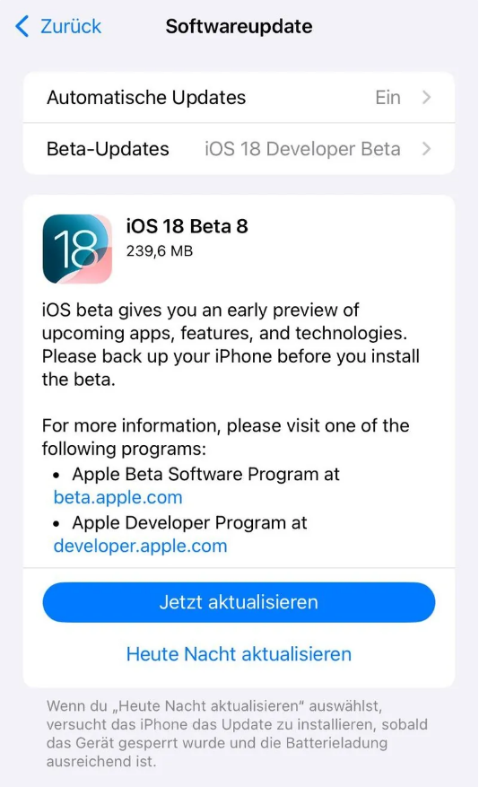 威宁苹果手机维修分享苹果 iOS / iPadOS 18 开发者预览版 Beta 8 发布 